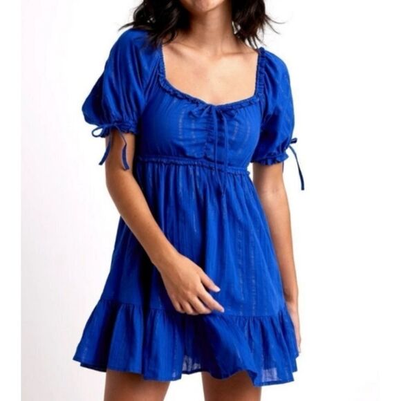 Cake FOR Dinner Caraway Mini Dress Colbalt Stripe Ruffle Puff Sleeve Size XXS - Picture 1 of 7